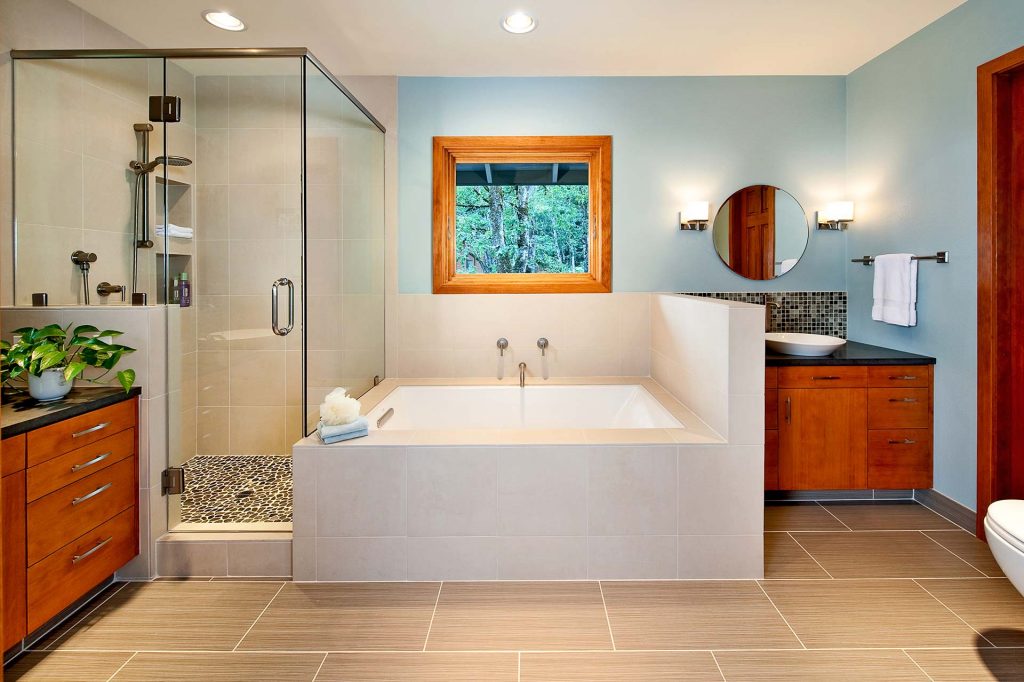 Bathroom remodel in Corvallis OR by Henderer Design + Build. Bath designed around the home owners' inspiration and style.