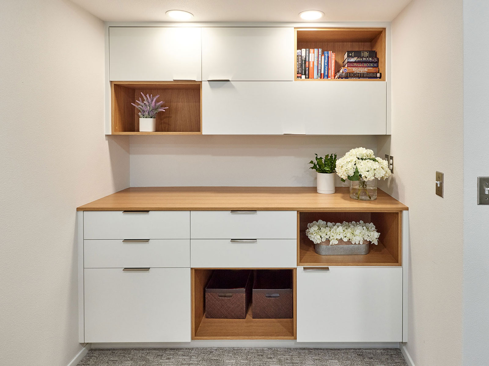 Basement remodel includes home office design. Custom home remodel from Henderer Design + Build + Remodel