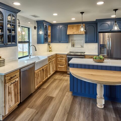 Country kitchen showing white quartz countertops, white subway tile backsplash, stainless steel appliances, knotty hickory lower custom cabinets and painted blue upper cabinets, window with black casings
