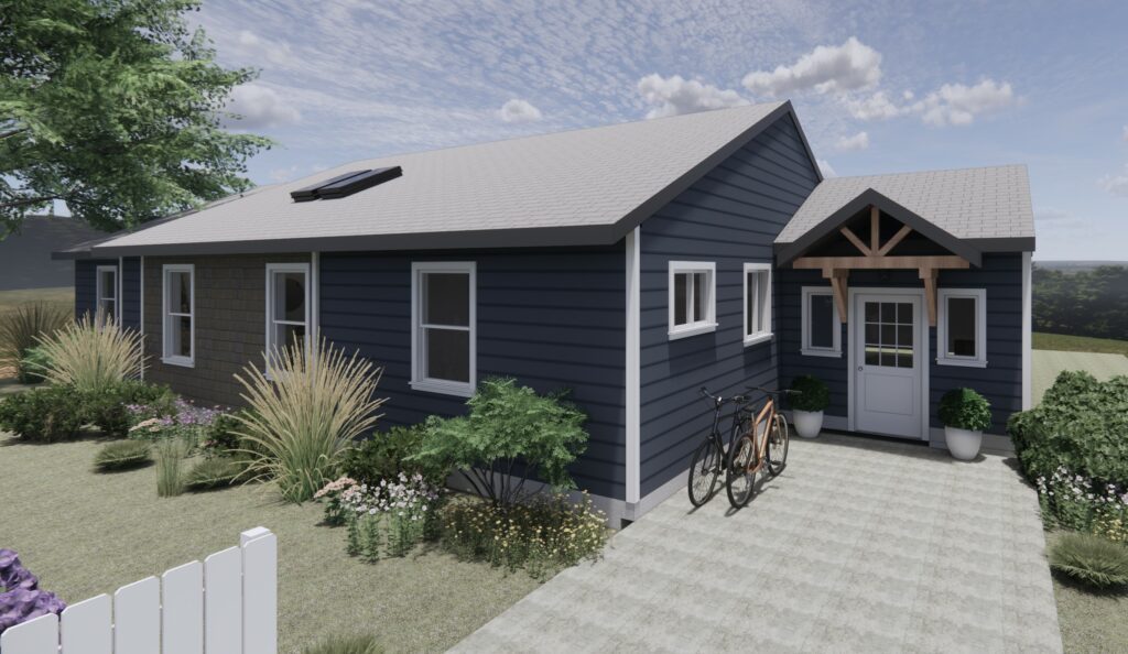 3D rendered design of exterior of home showing skylights on gray roof, blue siding and cedar shingle siding, concrete driveway and front yard foliage with bikes in driveway, blue sky and trees in background