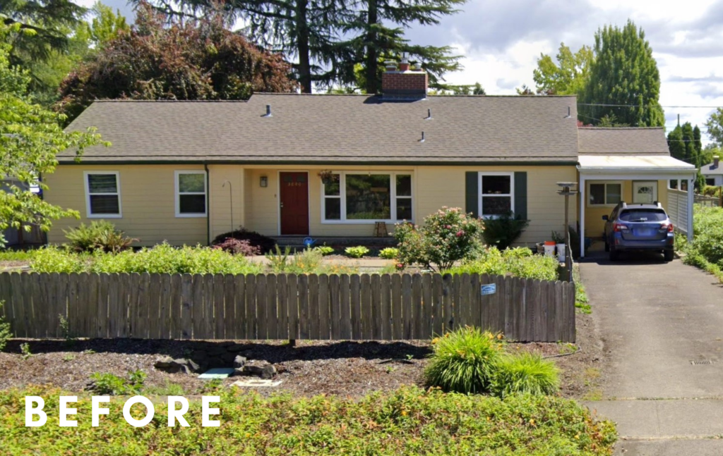 Single family residence exterior with red front door entry and yellow siding, wood fence and white entry with trusses, sky and trees in background 