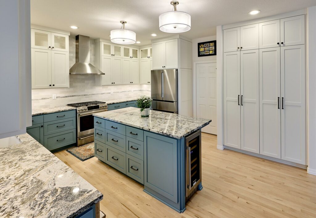 Contemporary kitchen remodel. New custom cabinets in blue. Henderer Design + Build + Remodel